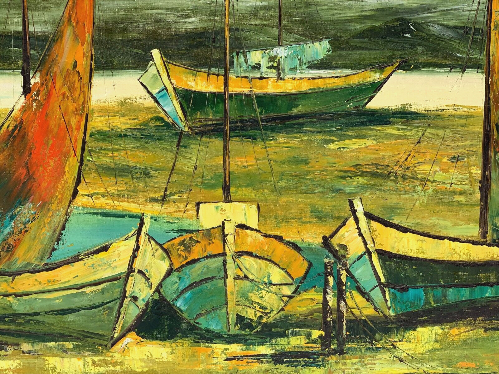 F LEE LARGE SEASCAPE OIL PAINTING SAND DOCKED FISHING BOAT PALETTE KNIFE IMPASTO