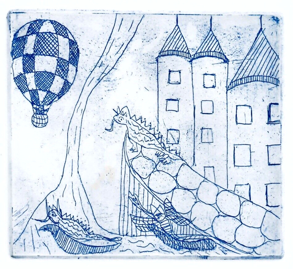 80s Art Etching Dragons Medieval Castle Architecture Hot Air Balloon Bridge 10×8