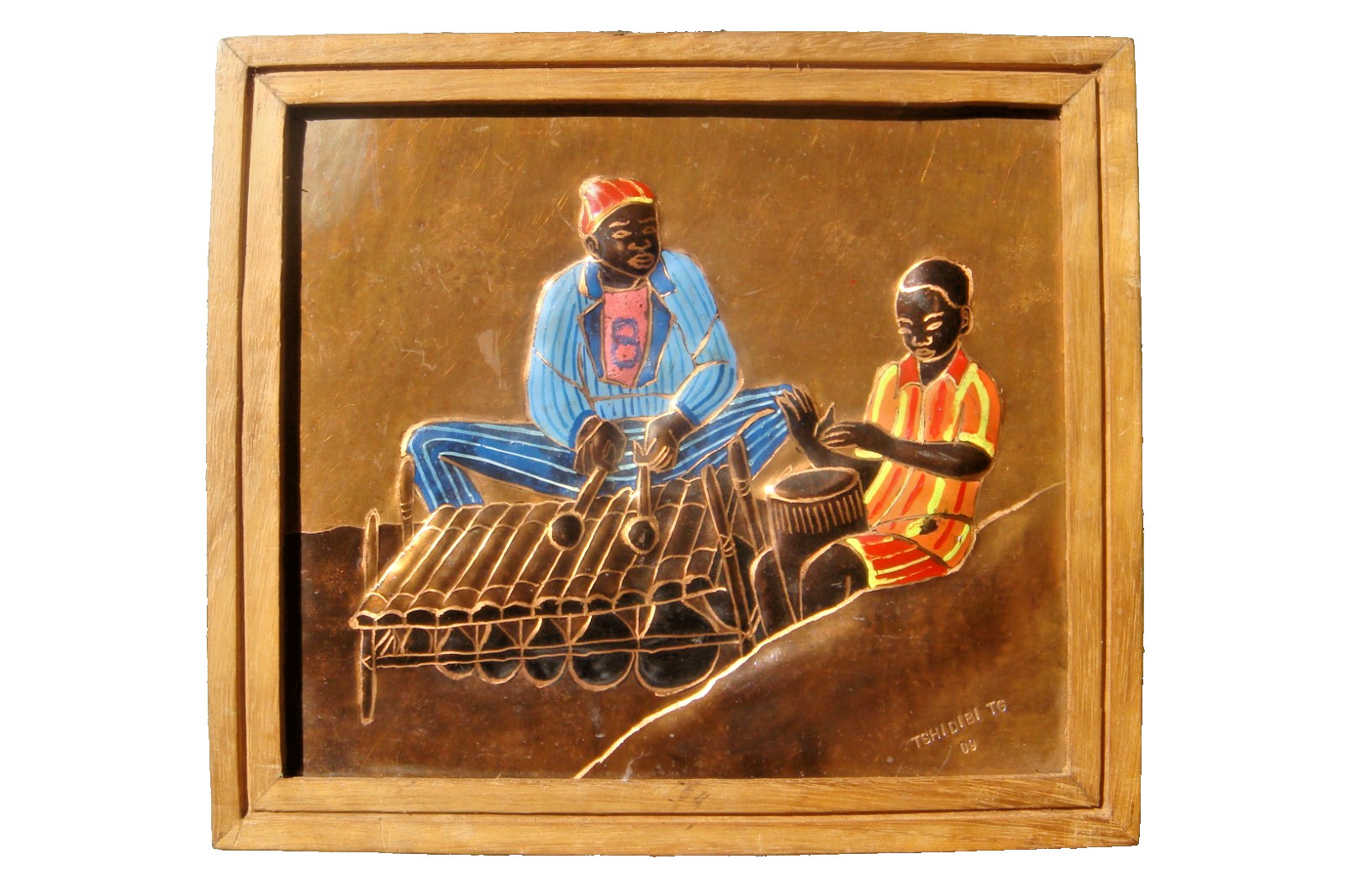 African Relief painting on copper signed by the Congolese artist Guycha Tshidibi
