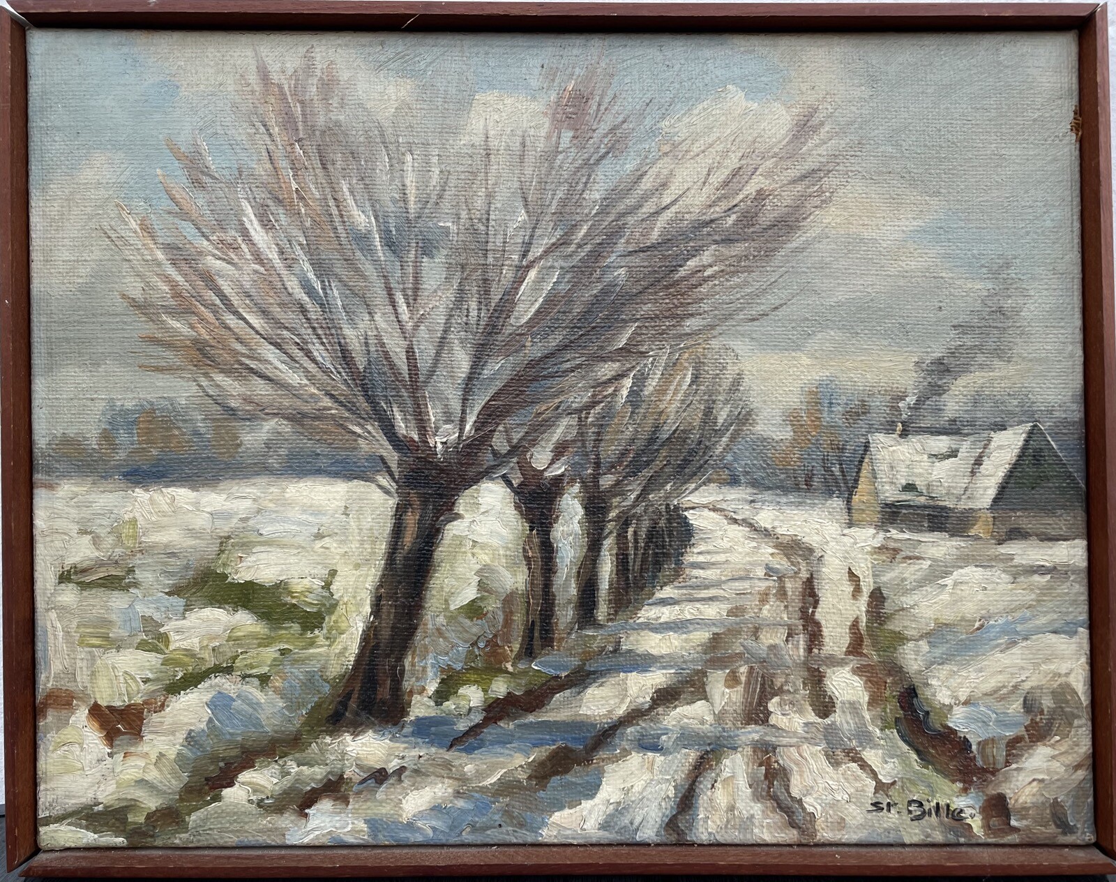 Sten Bille 1890-1935 Winter Landscape With Farmhouse Pollarded Willows Snow Oil