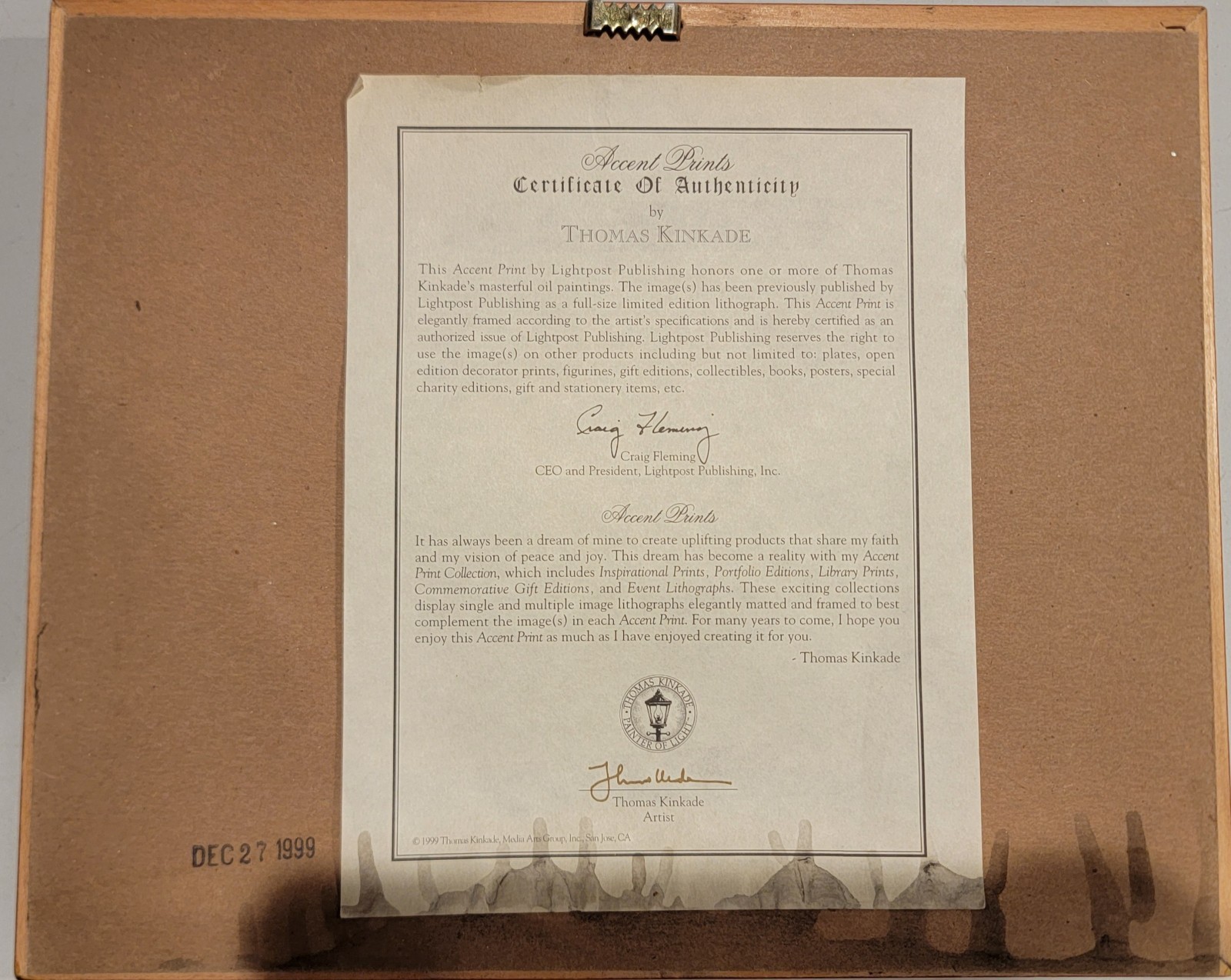 Thomas Kinkade Framed Accent Print «Valley Of Peace» Certificate of Authenticity