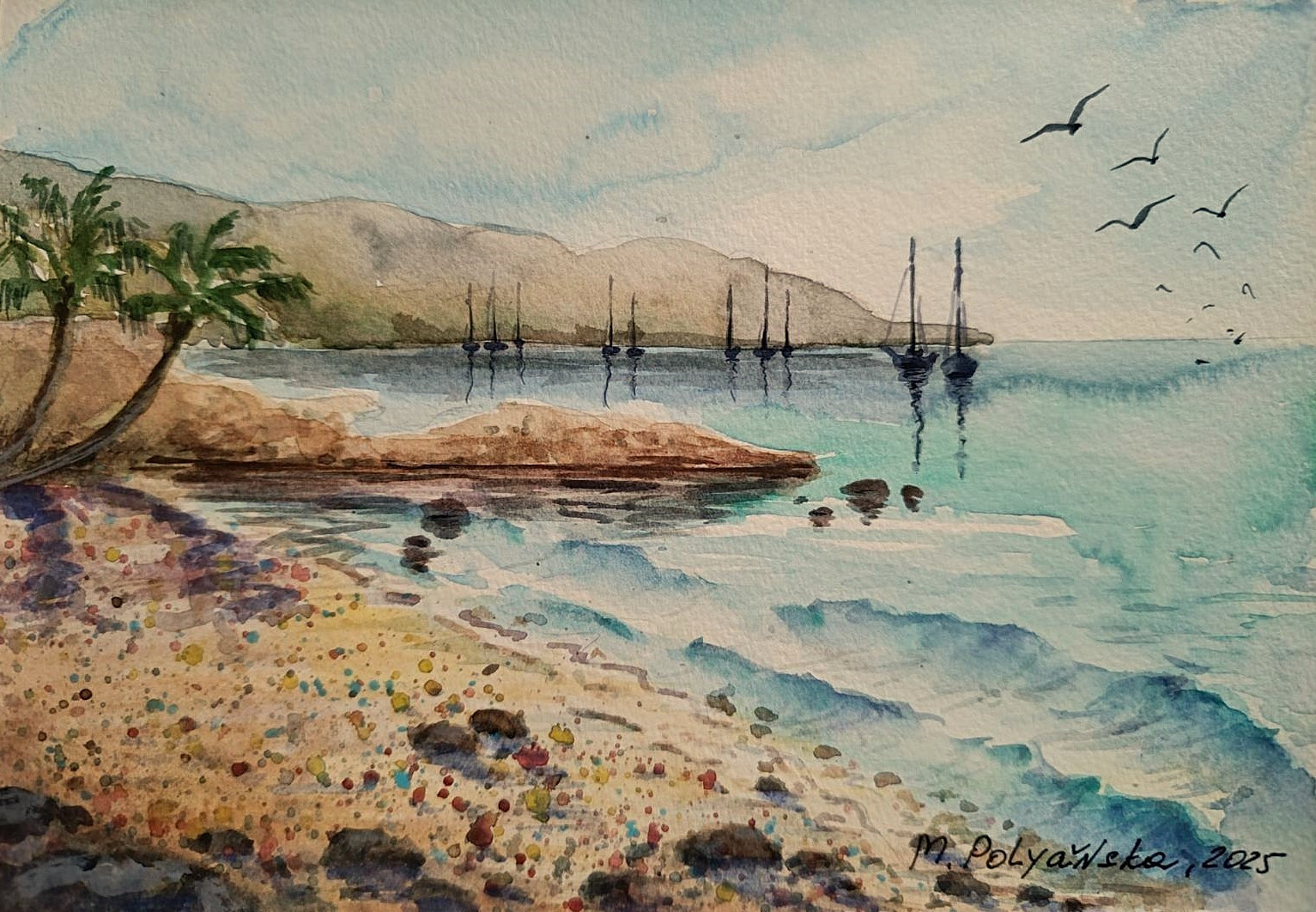 BOATS BIRDS LAGUNA BEACH Original Painting Arts Landscape CLOUDY SKY Seascape A5