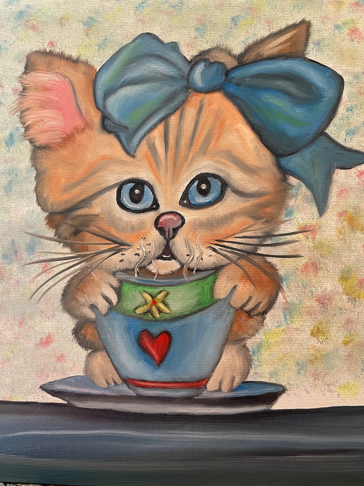 Original oil painting signed 11 x 14 in cute kitten holding coffee cup