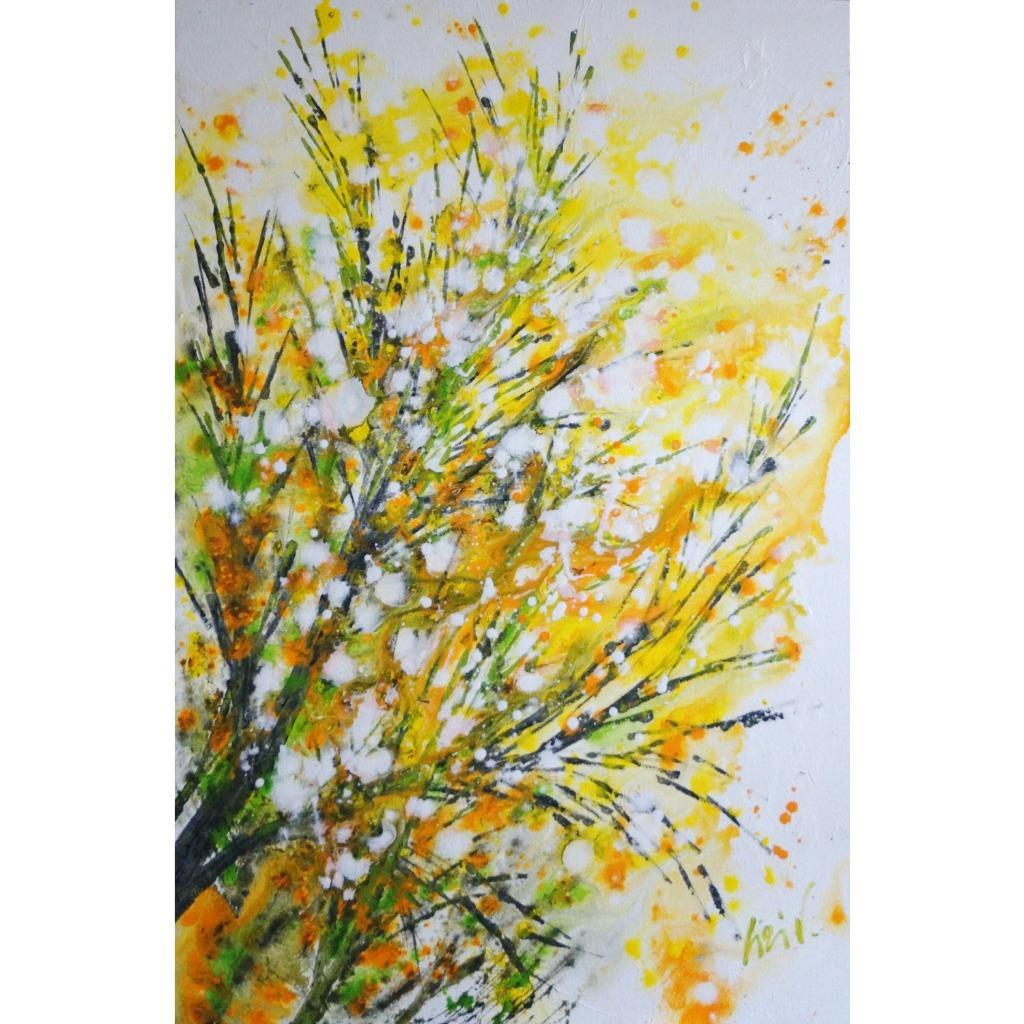 Forsythia Bloom Painting 24×36 Original Yellow White Floral Canvas Spring Wall