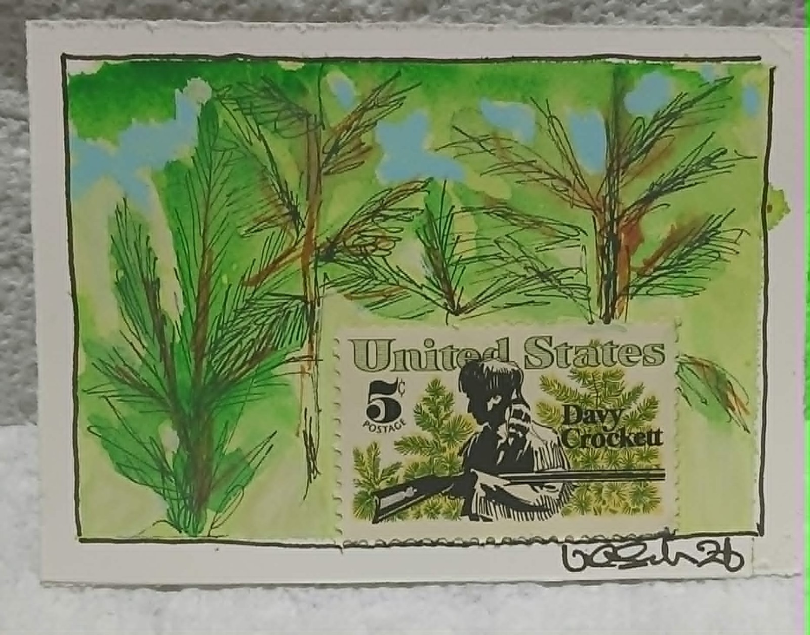 Postal Whimsy OOAK ACEO 5c Frontier Forest Watercolor Stamp Art by Virginia
