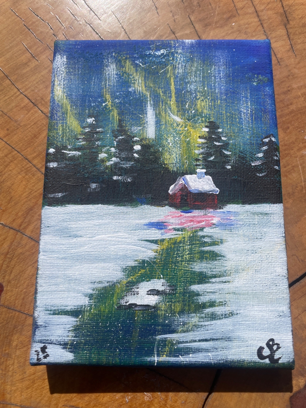 Aurora Borealis Winter Scene Hand-Painted Canvas Art 7″ x 5″ Miniature