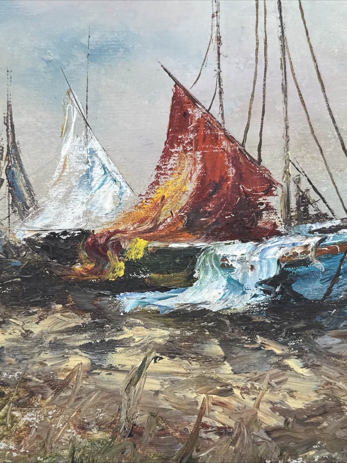 Vintage Coastal Nautical Oil Painting – Harbor Sailboats Signed S. Shannon 24×18