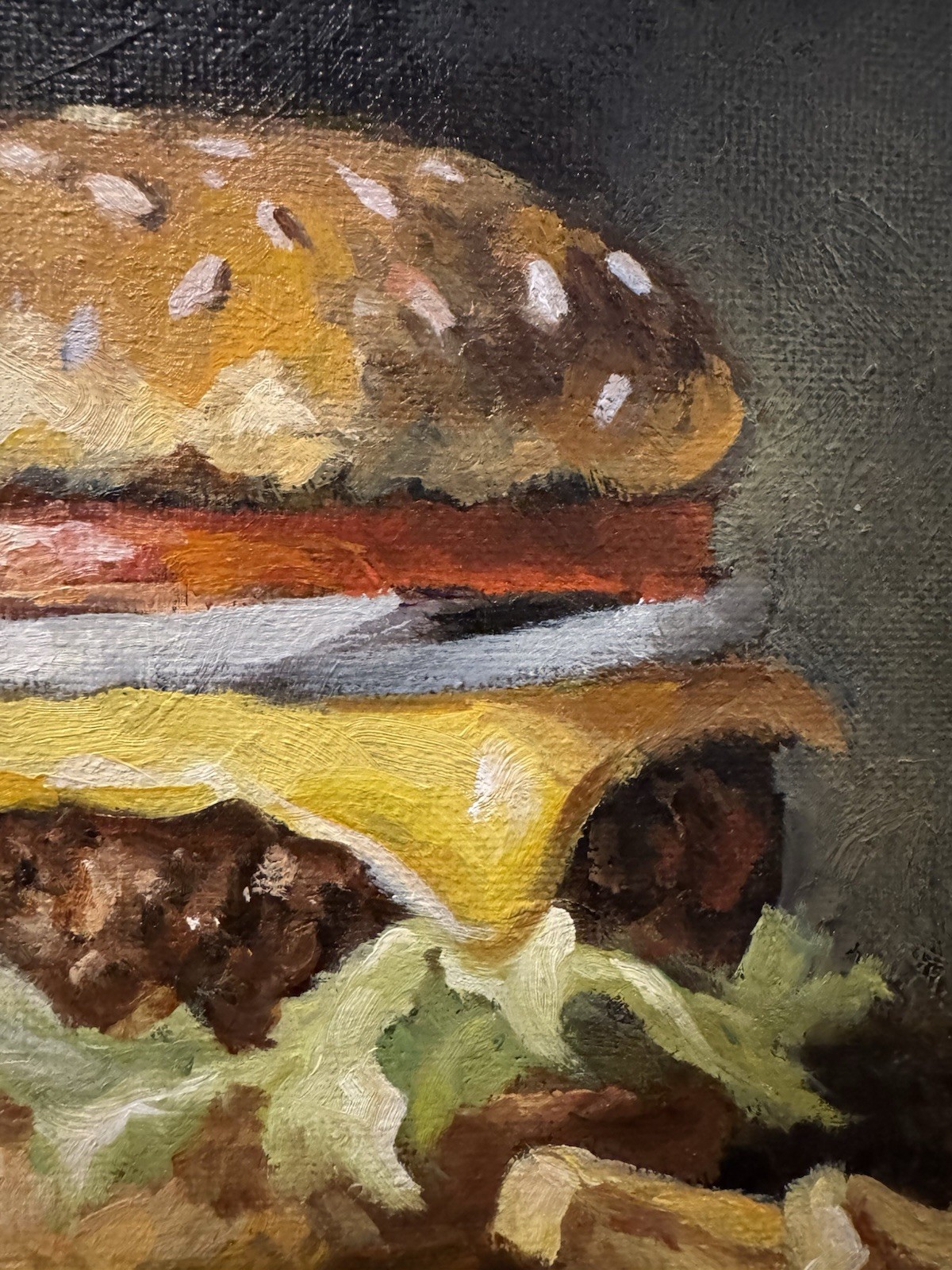 Original New Impressionist Still Life Cheeseburger Onion Fries Oil Painting