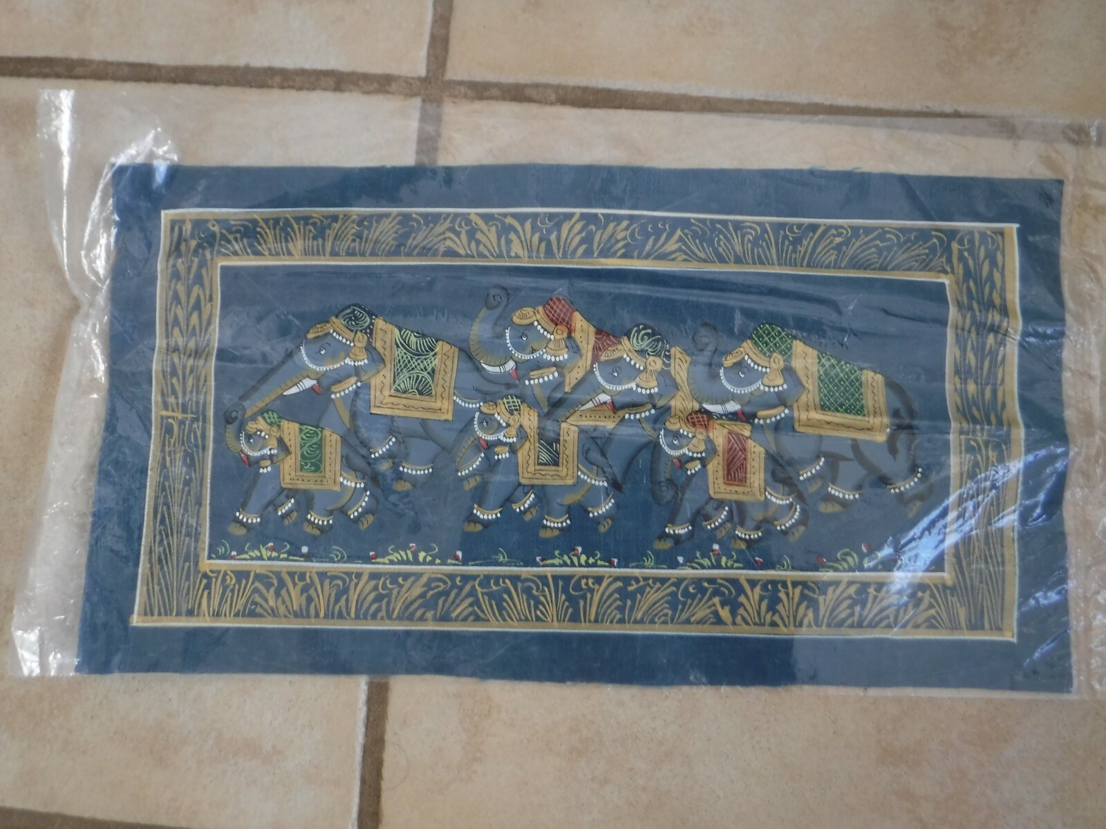 Royal Asian Elephants, Painting on Silk Fabric, Blue & Gold, 8 in x 15 in NWOT
