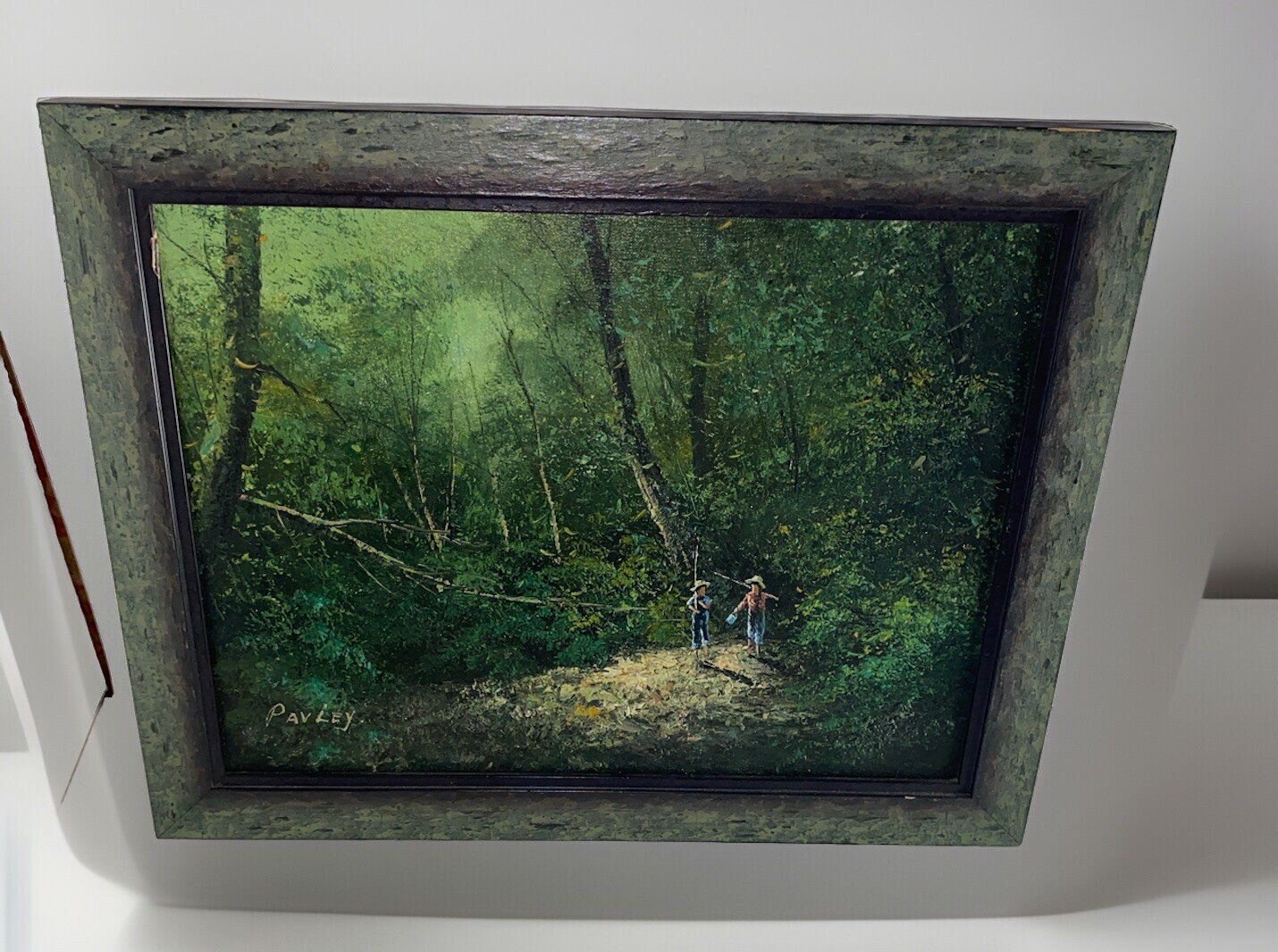 Pavley 19”x15” Oil Painting In Wooden Frame Brothers Fishings In The Woods Art