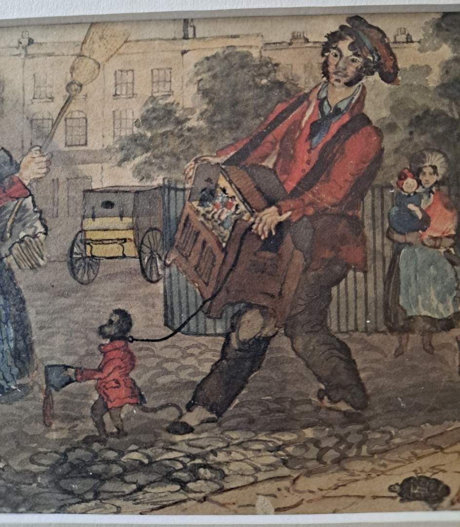 Antique 19c. Victorian Street Musician MINSTREL Monkey W/C Painting Hurdy Gurdy