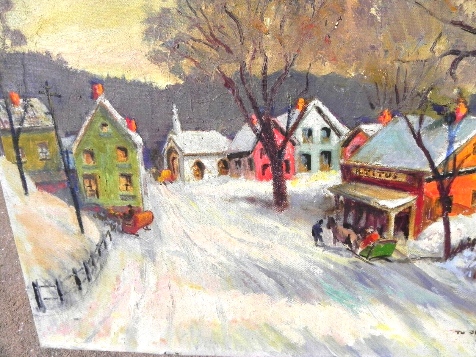 New England winter painting naive impressionist 1979 signed Titus poss. Vermont