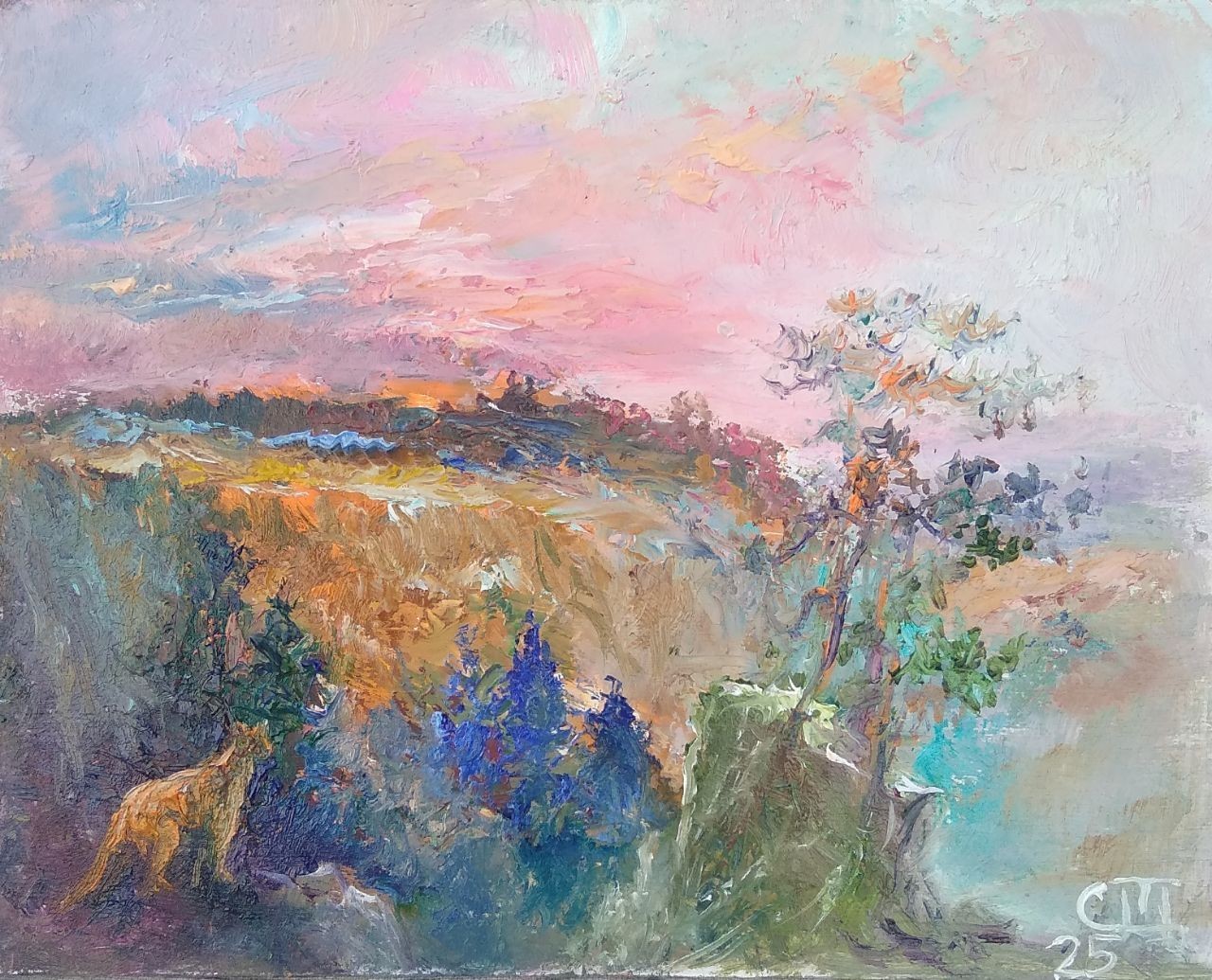 Painting «Landscape with a Puma». Oil on cardboard. 5×7 inc. Handmade. 2025.