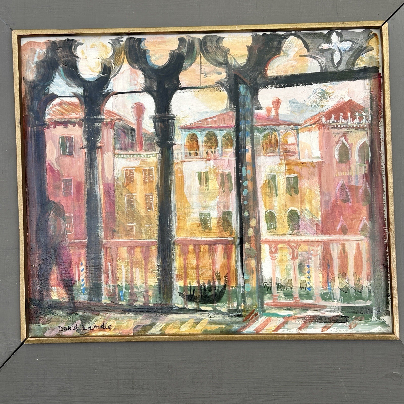 Signed David Landis (1918–1983) Venice Italy Modernist Oil on Board 60s VTG