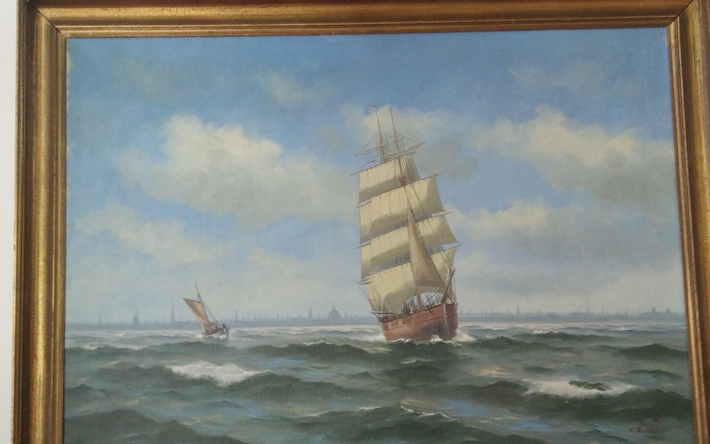 Large Listed Danish Artist Seascape Sailing Vessel ( Brigatine & Tugboat)