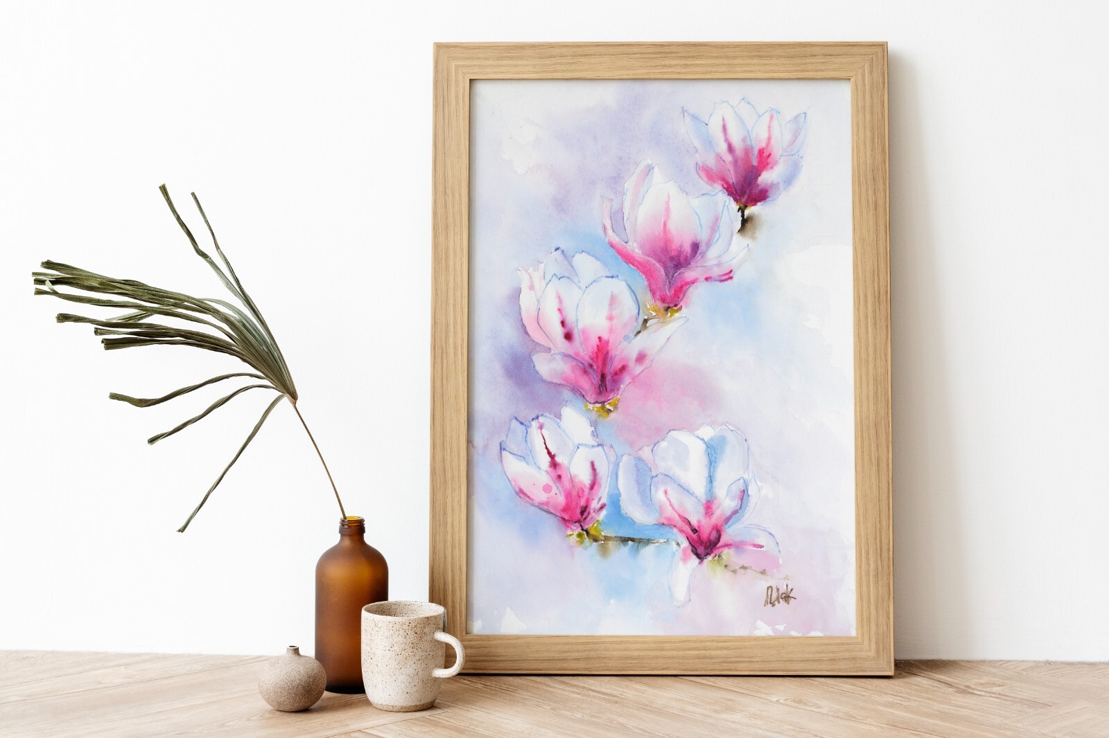 Magnolia Painting Pink Flower Original Watercolor Japanese Painting Sakura Wall