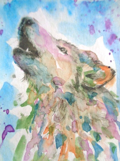 ACEO – HOWLING WOLF Abstract Watercolor Painting