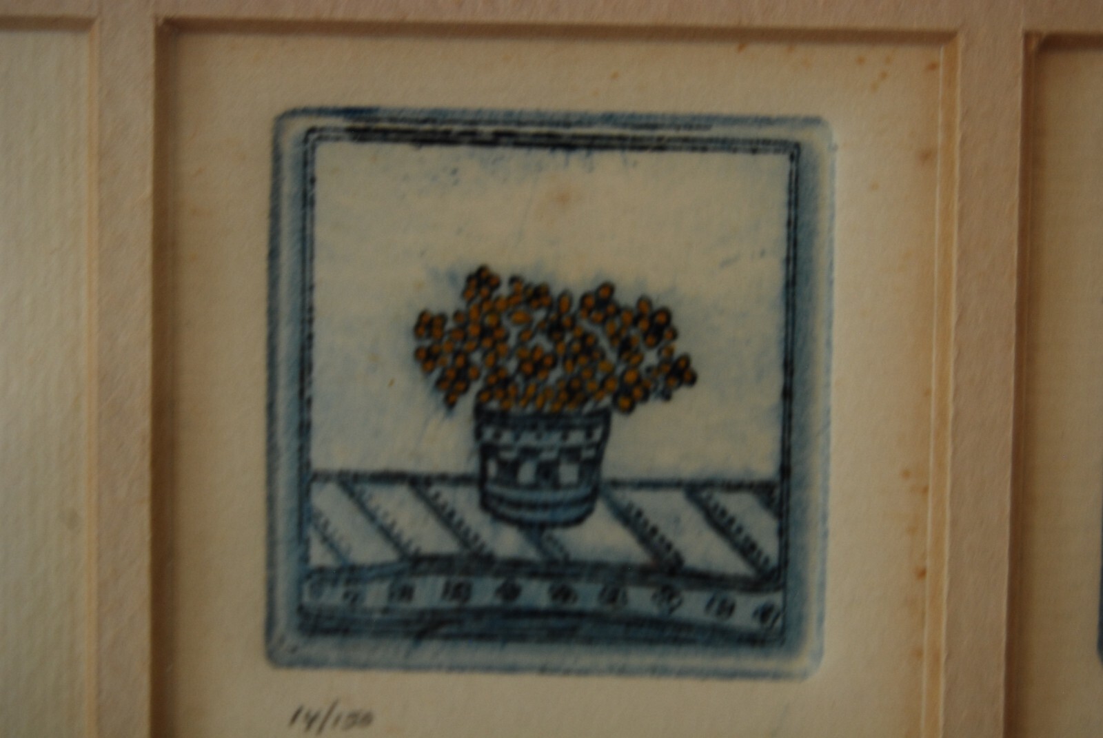 VTG FRAMED 3 MINIATURE SIGNED SARAH RISHEL COLORED ETCHING POTTED FLOWER PLANTS
