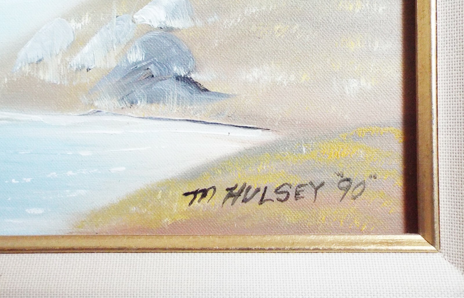 VTG M HULSEY CABIN ORIGINAL OIL LANDSCAPE PAINTING ON CANVAS LINEN MAT FRAMED