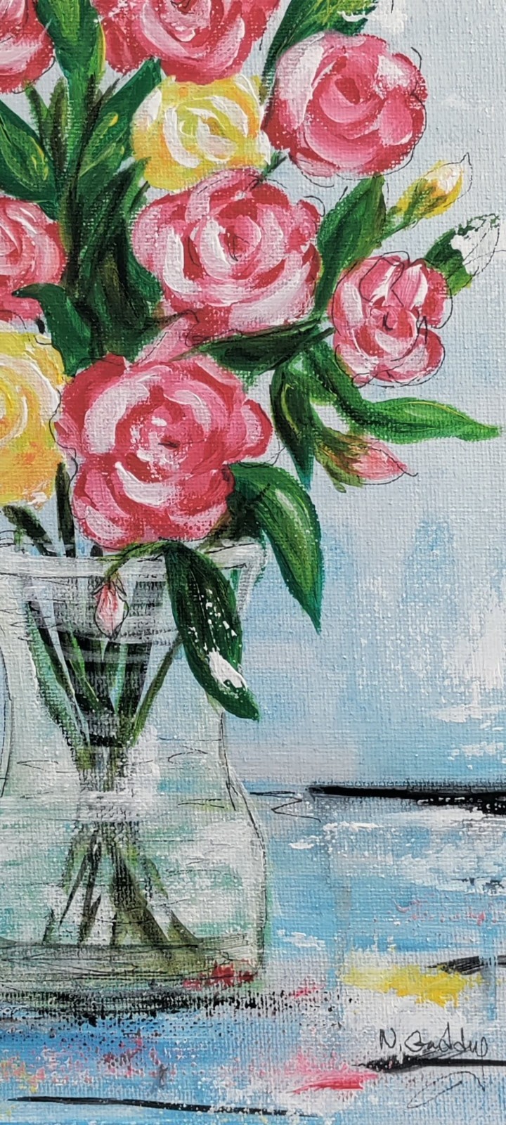 Original Expressionism 9 x 12 Roses in Vase Acrylic Canvas Painting