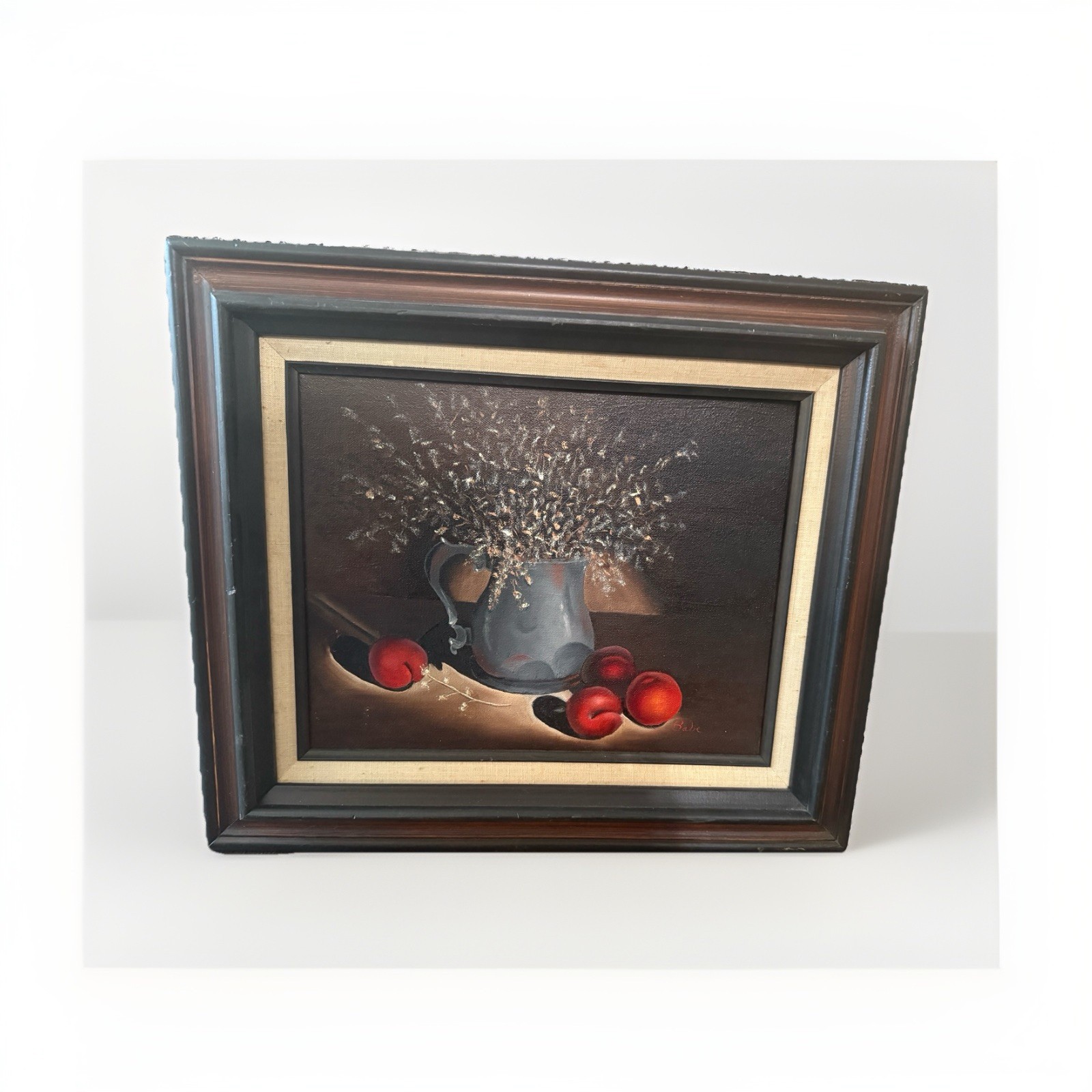 Vintage Still Life Oil Painting Signed Babe 17×20 Framed Pewter Pitcher Fruit