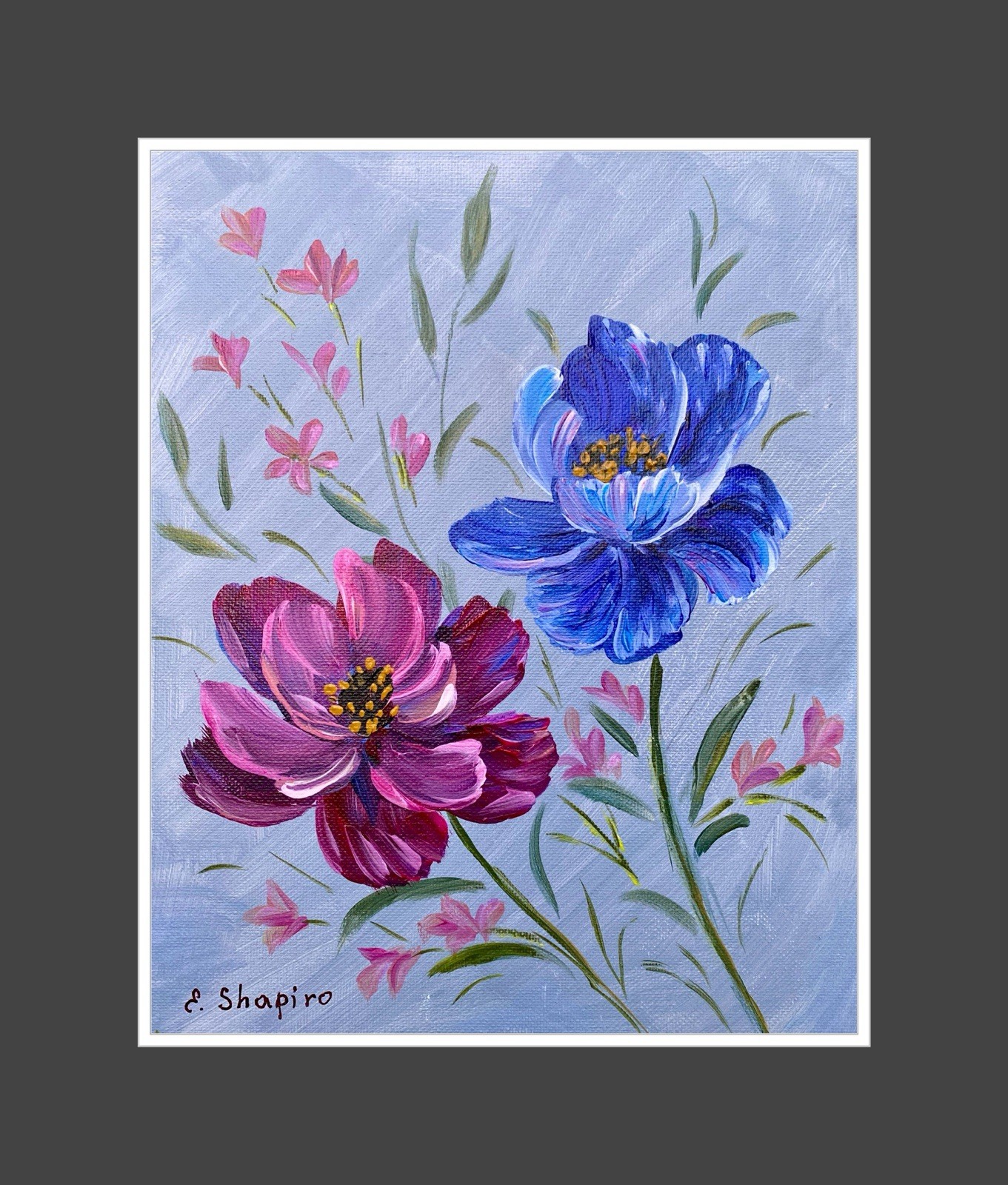 Cosmea Acrylic Painting Pink Blue Flowers Wall Art 8×10 Floral Wall Decor