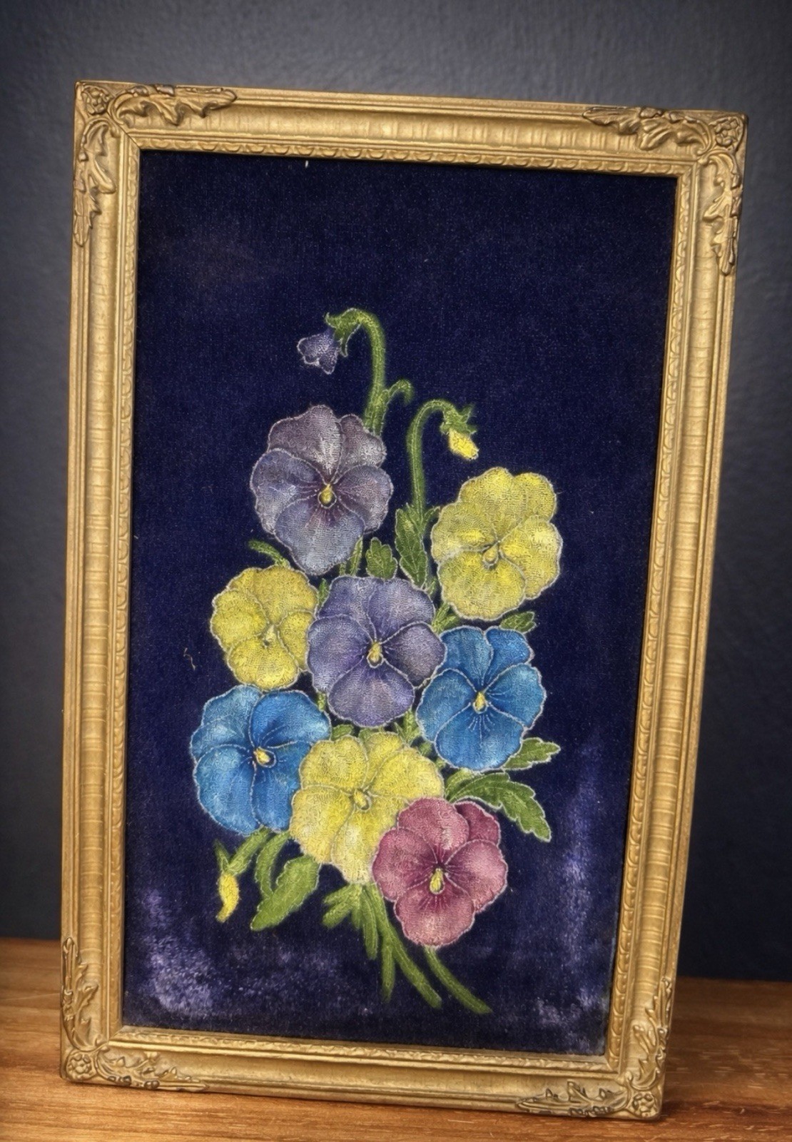 Antique Floral Painting on velvet. Ornate Gold Frame, Early 1900s Floral Art
