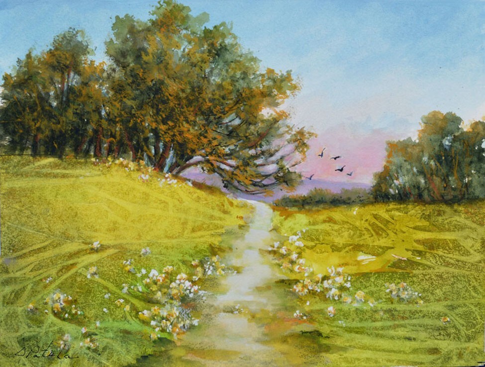Original Impressionism Watercolor Landscape Painting Texas Hill Country Flowers