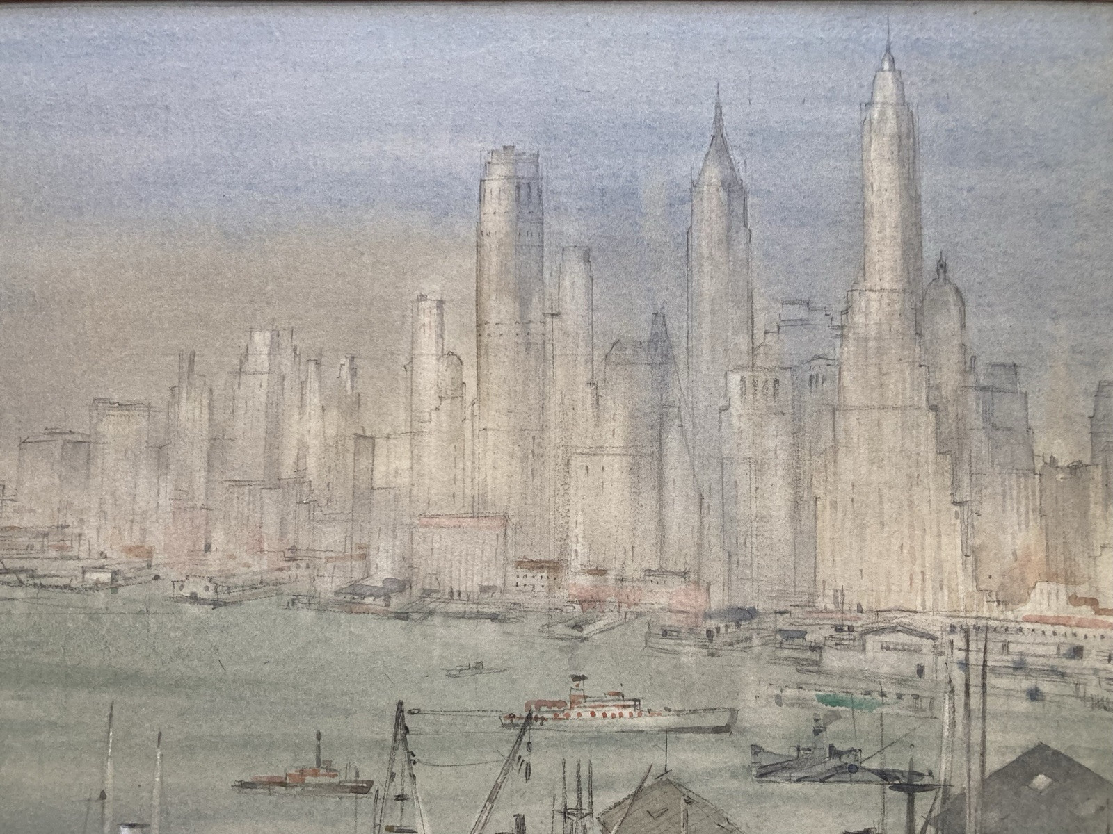 New York Harbor Painting WILLIAM BOWER DALTON 1944 Watercolor Skyline WWII Ships