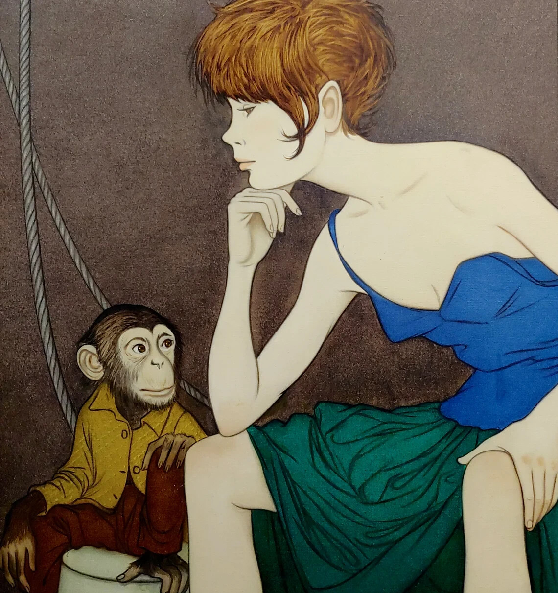 Philippe Noyer – Sexy Girl & a Monkey – Oil Painting