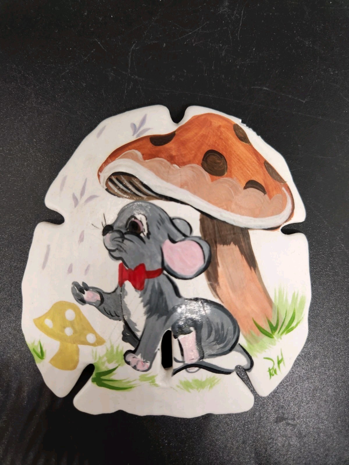 Hand Painted Mushrooms and Mouse with Red Bow Tie on Sand Dollar Signed