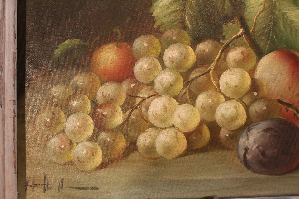 VINTAGE Still Life Signed shabby chic frame OIL Painting Canvas Mid Century 