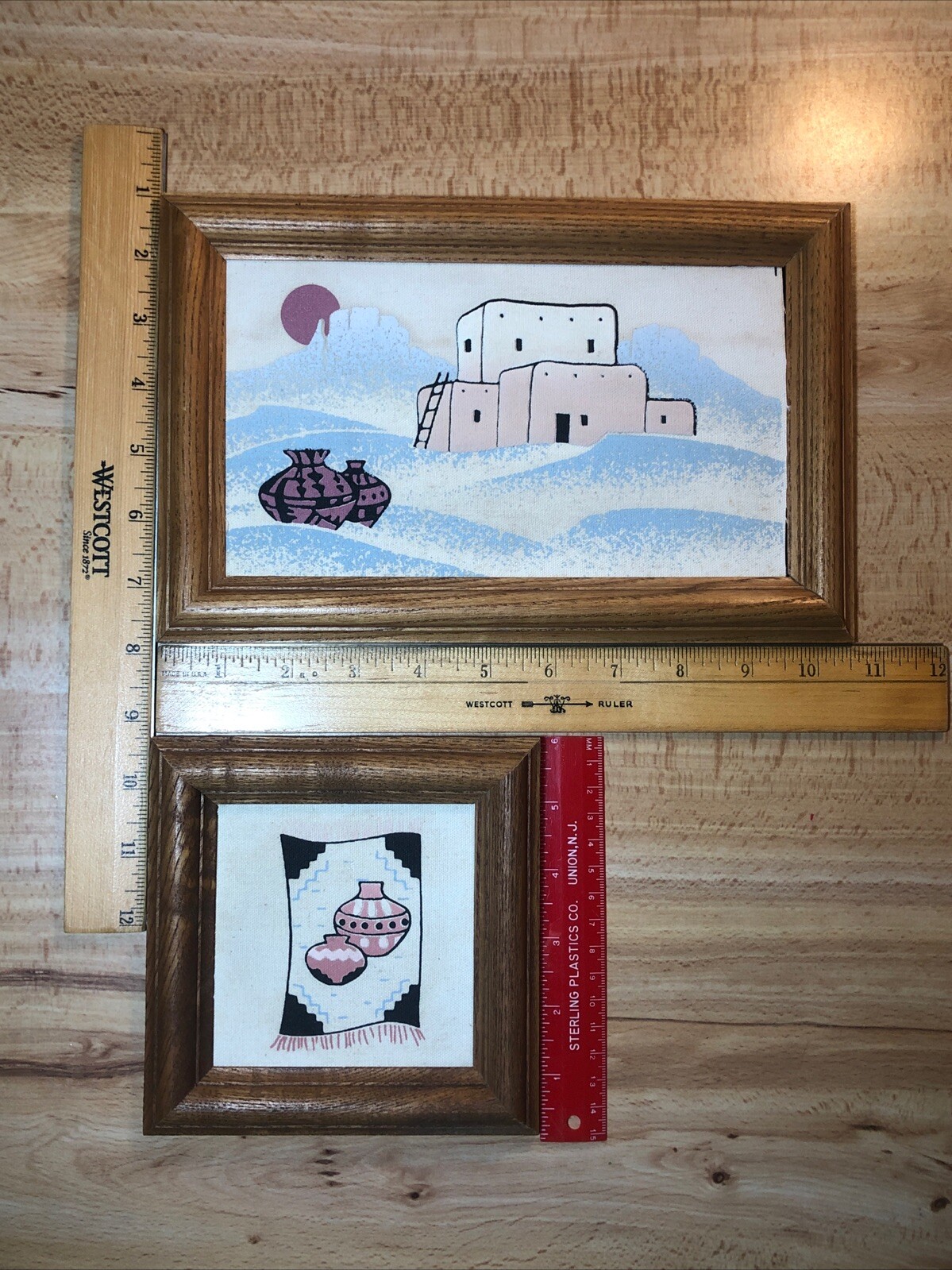 2 VTG Southwest Pottery Vase Moon Desert Painting On Canvas Wood Frame Wall Art