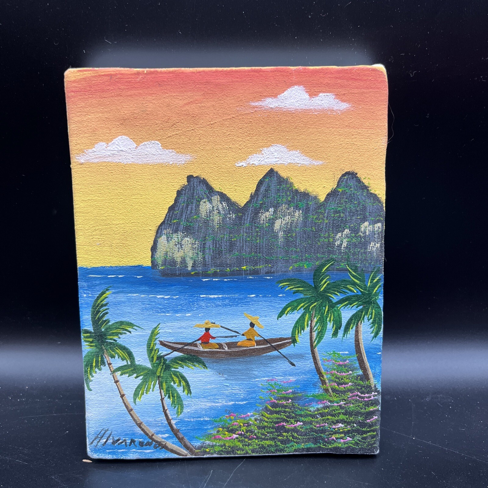 Vintage Tropical Stilt Hut Boat Canoe Palm Trees People Painting 8”x 6.5” Sunset