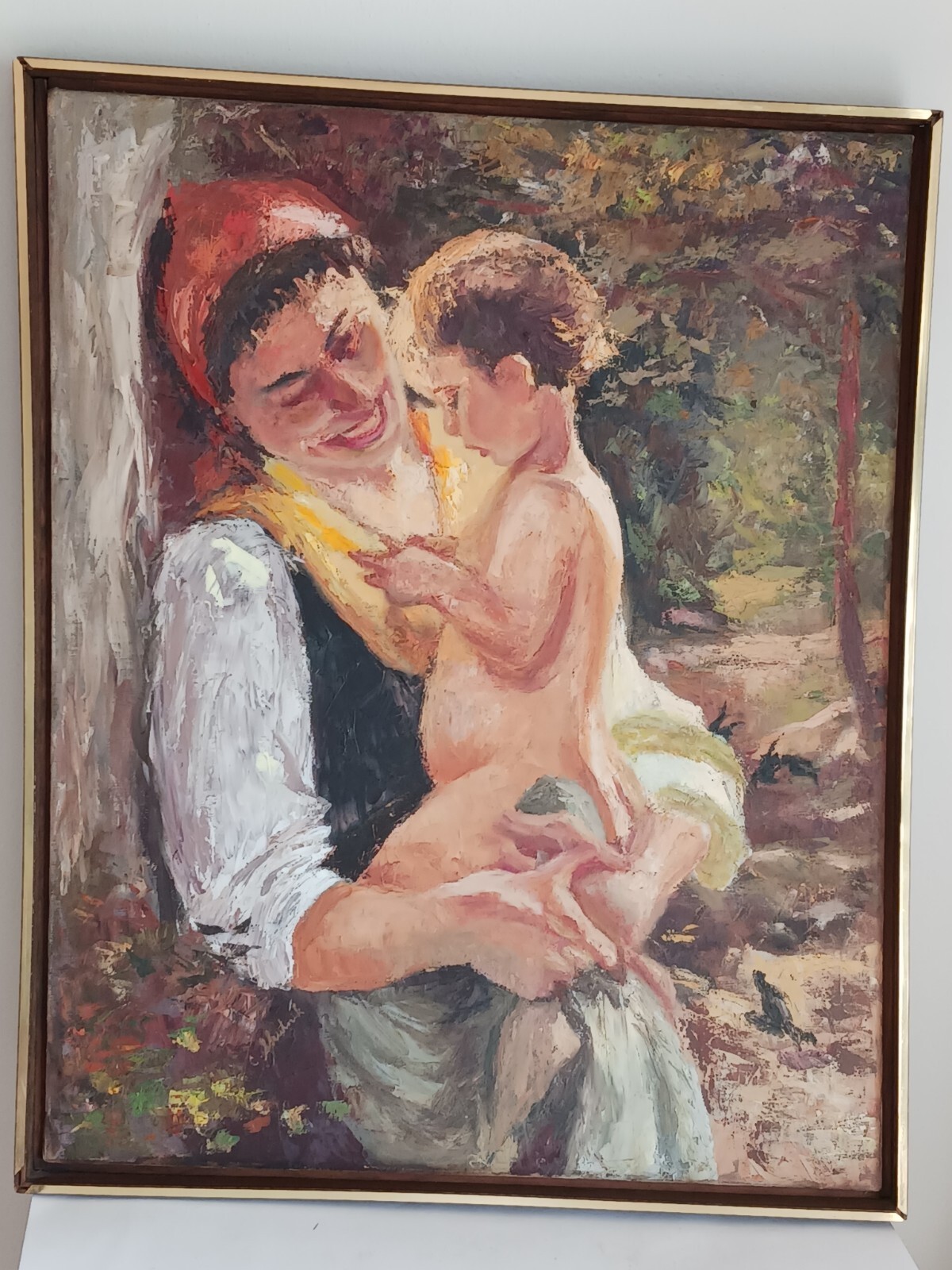 Vintage impressionist painting mother holding child in sunshine known artist