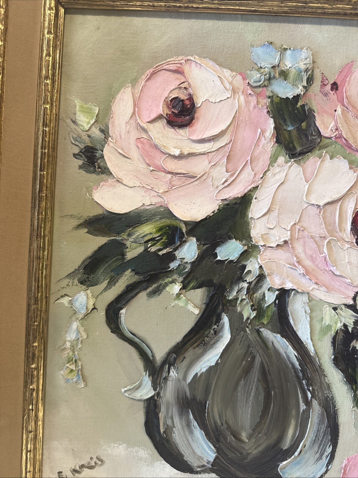 20×24” Large Signed Oil Painting Pink Blue Black Floral Flowers Vase Wood Frame