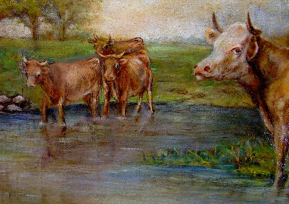 Antique 19th C. Landscape Gathering Watering Cows Oil on Board Gilt Ornate Frame