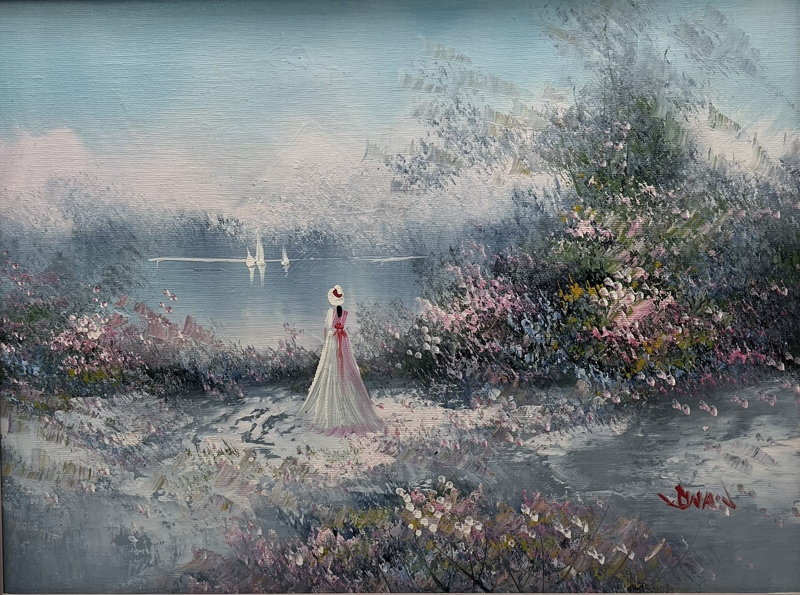 Original Oil on Canvas 12 X 16 Canvas – Woman In White Overlooking Pond