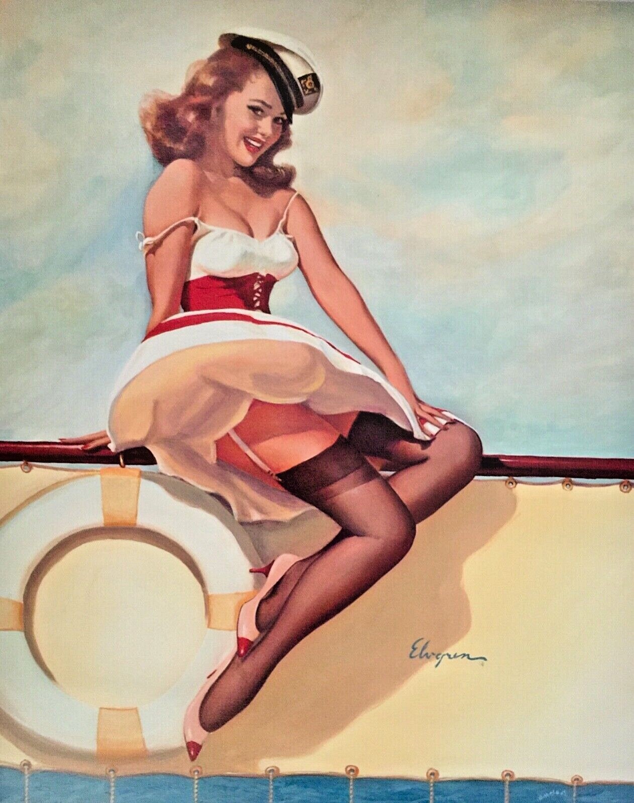 SUPER SALE Large 12X18 SAILOR GIRL pinup ELVGREN pin-up SHEER STOCKINGS Up SKIRT