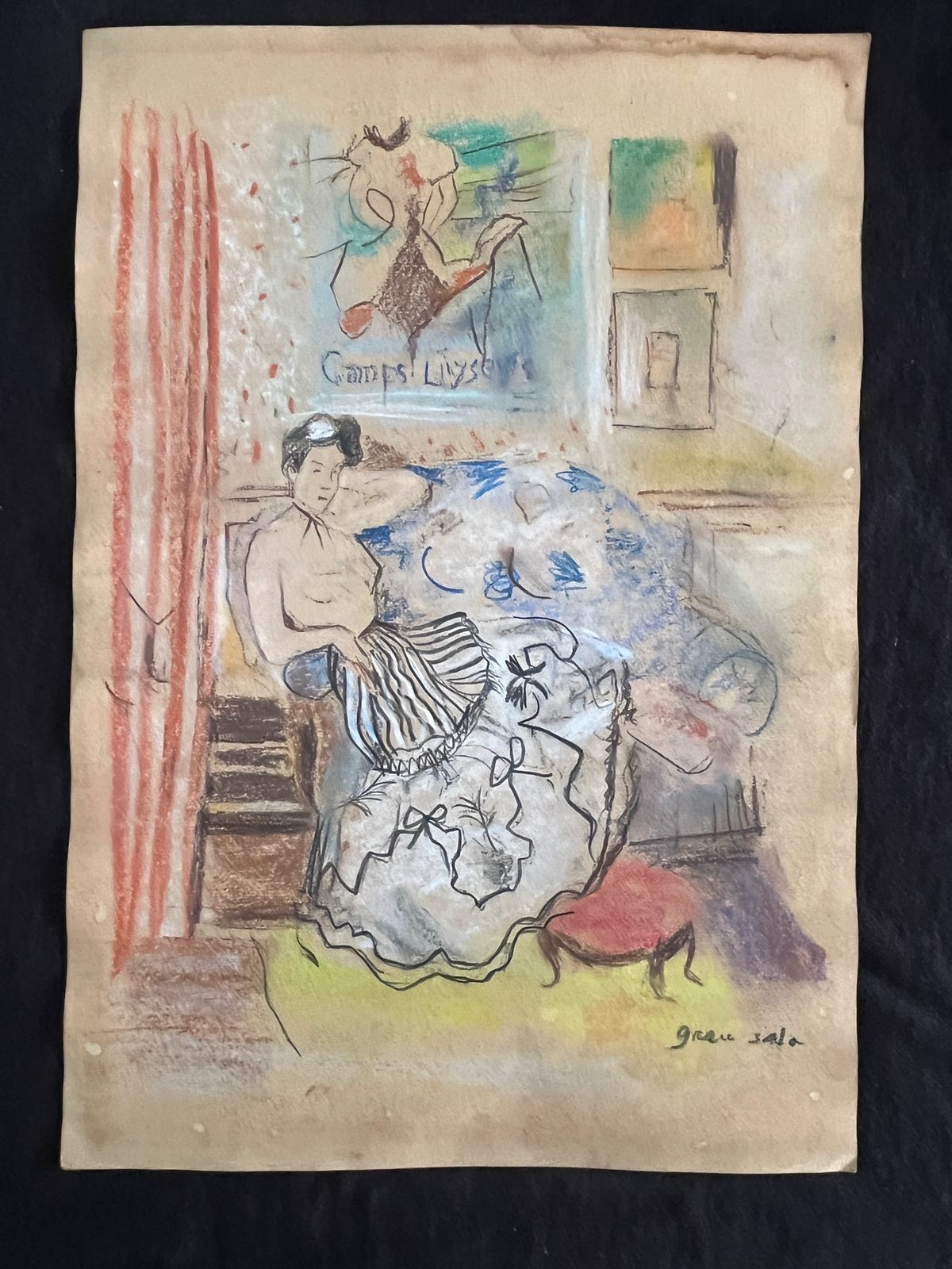 EMILIO GRAU SALA drawing and painting on old paper signed stamped vintage