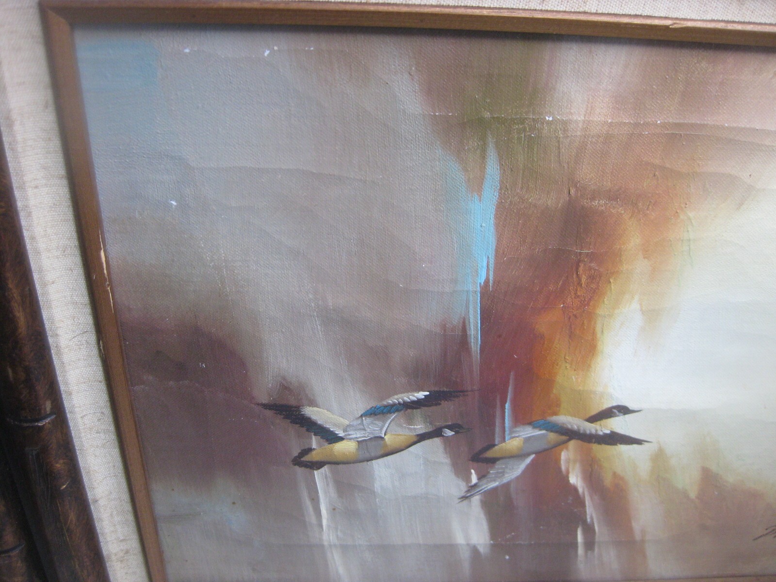 original signed Patrick framed painting geese duck flying nature scene wall art