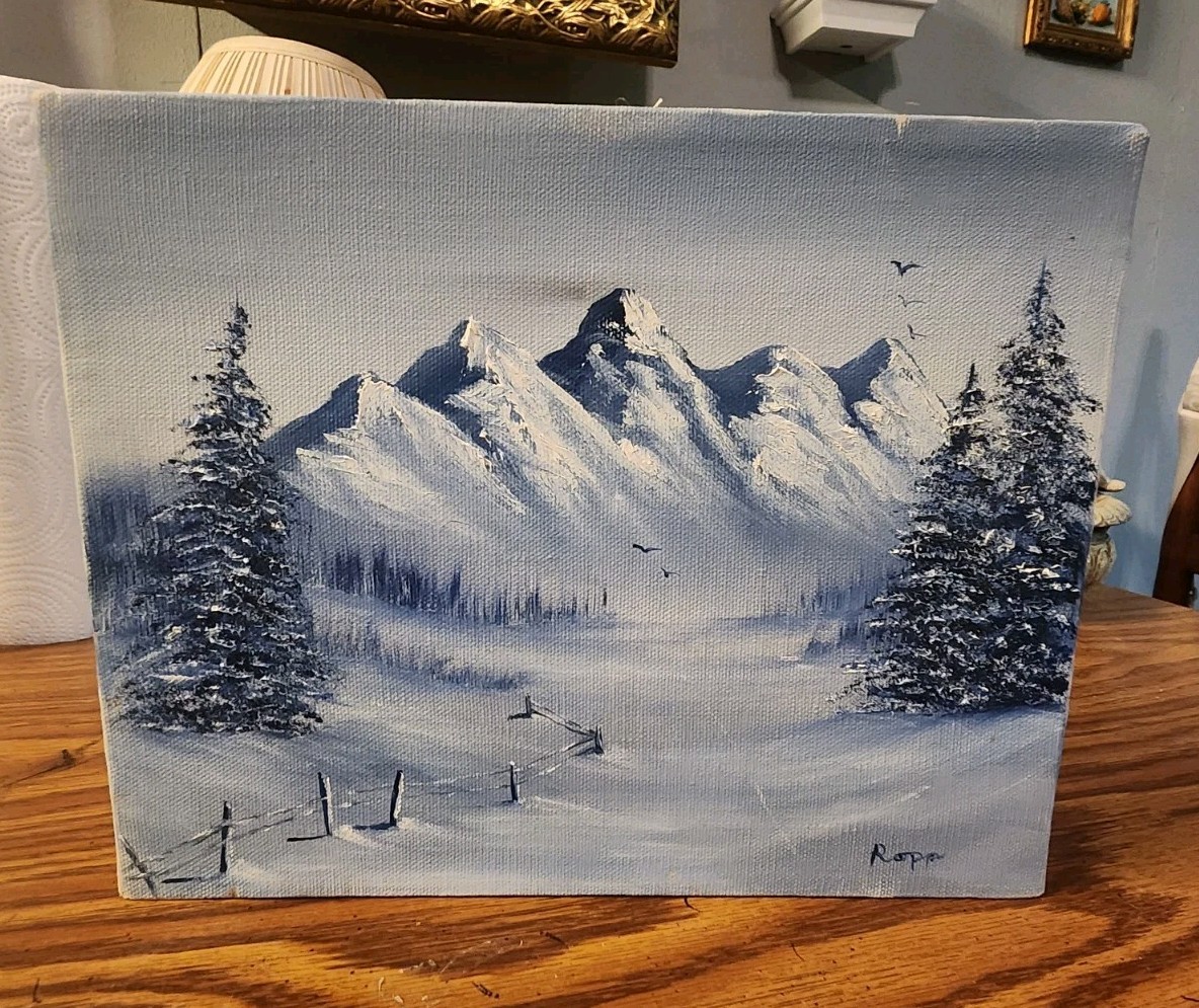 Vintage Snowy Winter Mountain Original Oil Painting, Signed, 8×10″