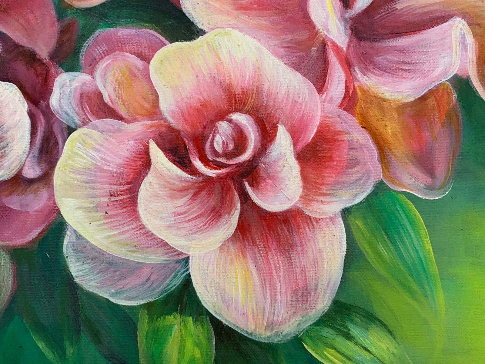 TROPICAL PINK FLOWERS OIL PAINTING ASIAN CHINESE JAPANESE SIGNED ORIGINAL FLORAL