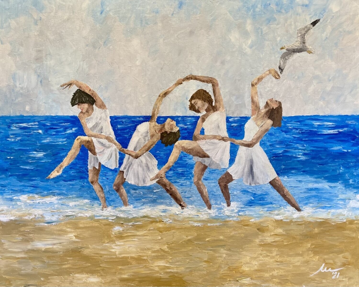 Original Artwork Oil Paintings Canvas Seagull Ocean Sea Girls Beach Sky Freedom