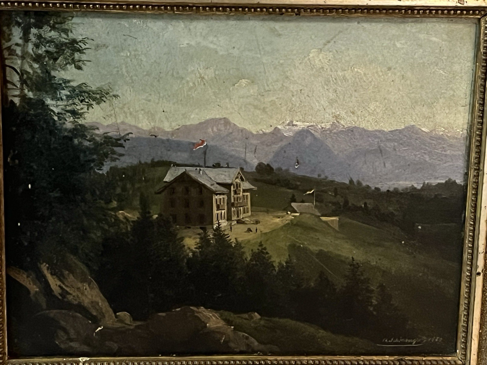 Painting Mountain Landscape with House and Flag Signed A. Schönberger 1880