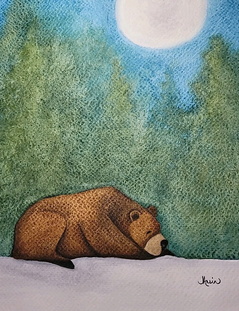 Original Watercolor Bear Under Moonlight 9×12 Wildlife Art Painting