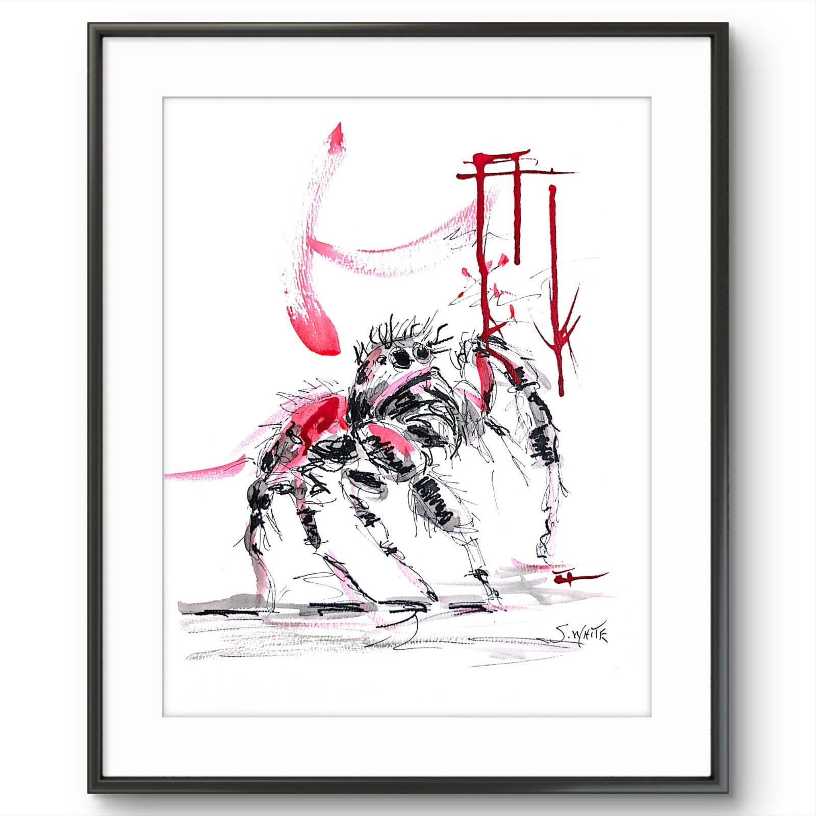 Jumping Spider Painting Abstract Expressionist Red Ink 11×14 Paper SWhite