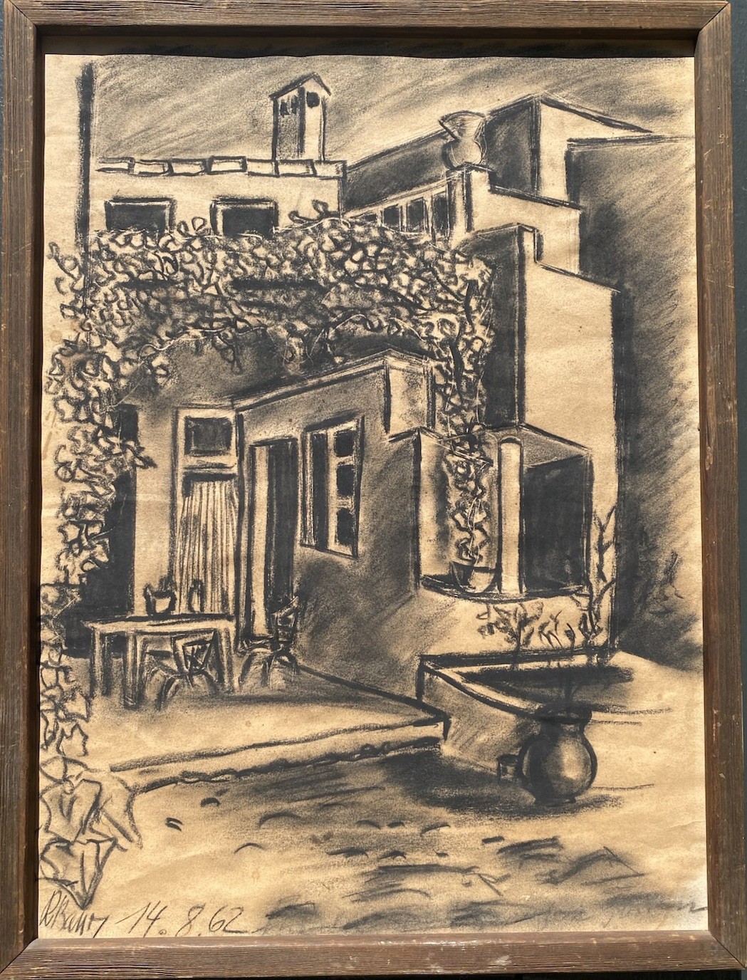 1962 Signed Abstract Cubist Charcoal Drawing Modernist Architecture Ramos 15×20