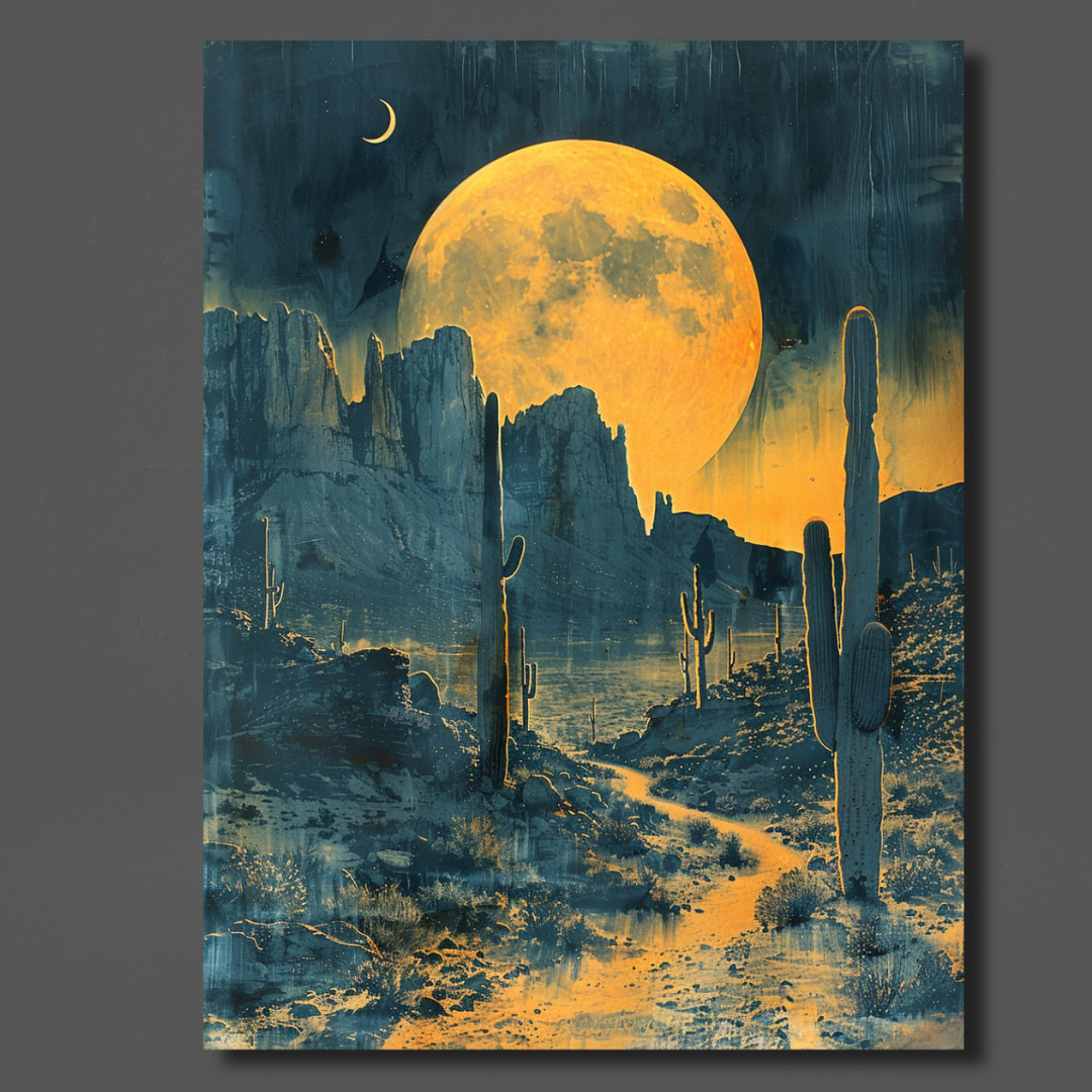 MacKenzie Reynolds Full Moon in the Desert Mixed Media Canvas Signed 30×40
