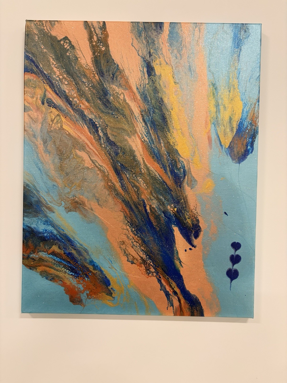 Abstract Painting – Blue Background with Orange & Black Streaks, Unframed